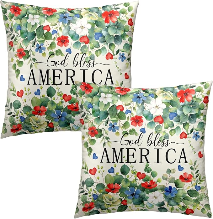 Patriotic Pillow Covers 4th of July Memorial Day Throw Pillow Covers 24x24 God Bless America Pillow Cases Eucalyptus Leaf Floral Outdoor Cushion Case for Living Room Sofa Couch 2Pcs