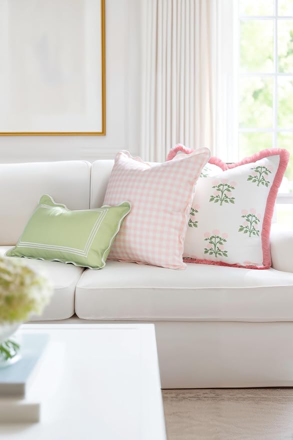 Hofdeco Premium Grandmillennial Patio Indoor Outdoor Throw Pillow Cover Only, 20"x20" Water Repellent for Backyard, Couch, Poolside, Blush Pink Print Gingham