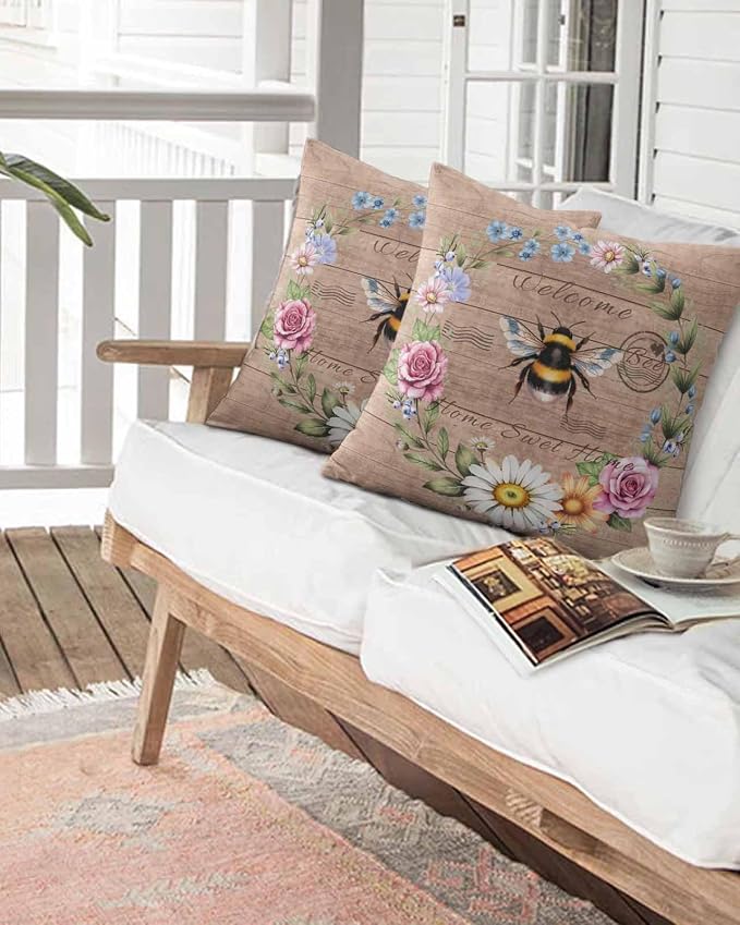 Outdoor Waterproof Throw Pillows Farmhouse Bee Flower Wreath Patio Pillows Pack of 2,Decorative Pillow Covers with Insert,Pillow Cushion Case for Garden Couch Sofa Farm Retro Wood Board