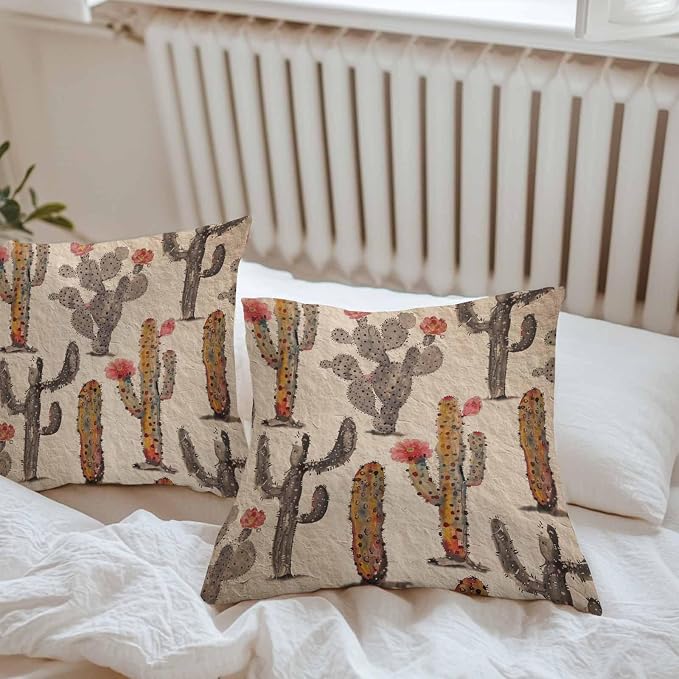 Vandarllin Outdoor Throw Pillows Covers 26x26 inch Set of 2 Waterproof Watercolor Cactus Decorative Zippered Cushion Covers for Patio Furniture, Abstract Floral Desert Lumbar Pillowcases