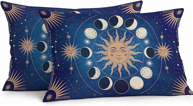 Celestial Sun and Moon Waterproof Outdoor Pillow Covers Set of 2 Home Decor, Blue Starry Galaxy Boho Lumbar Pillowcase Patio Pillow Covers for Couch Bench Patio Furniture Garden 20x12in