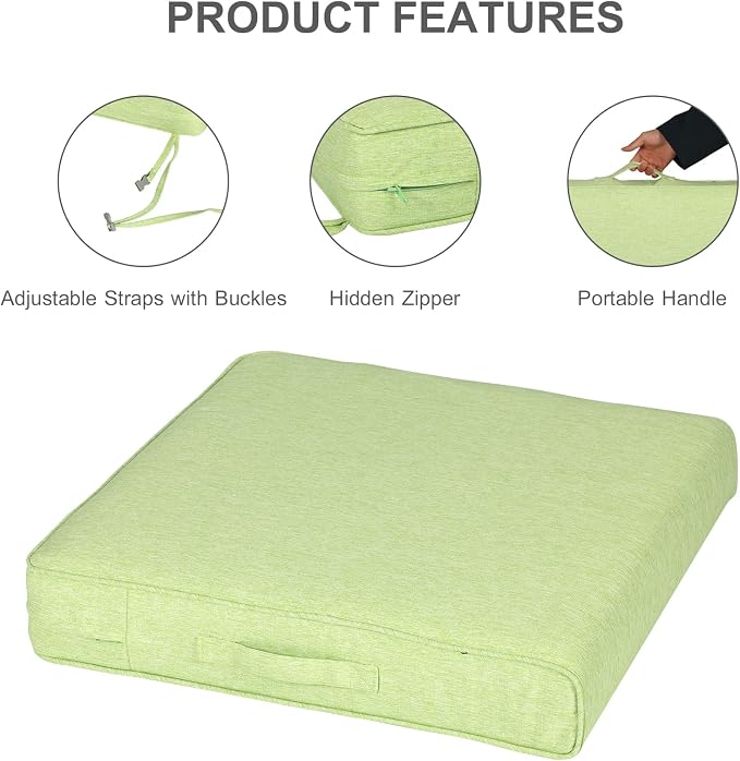Aoodor Patio Chair Cushions Set of 2, 25 x 25 x 4 Inch Water Resistant Outdoor Seat Cushions with Handle and Ties, Square Corner Cushions for Patio Furniture Garden Lawn, Green