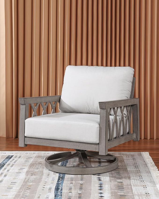 Aluminum Swivel Outdoor Armchair, Swivel Patio Sofa Chair with Thick Cushions, 360-Degree Rotating Aluminum Club Chair, Outdoor Rotation Chair Furniture for Deck, Porch, Garden, Limed Oak