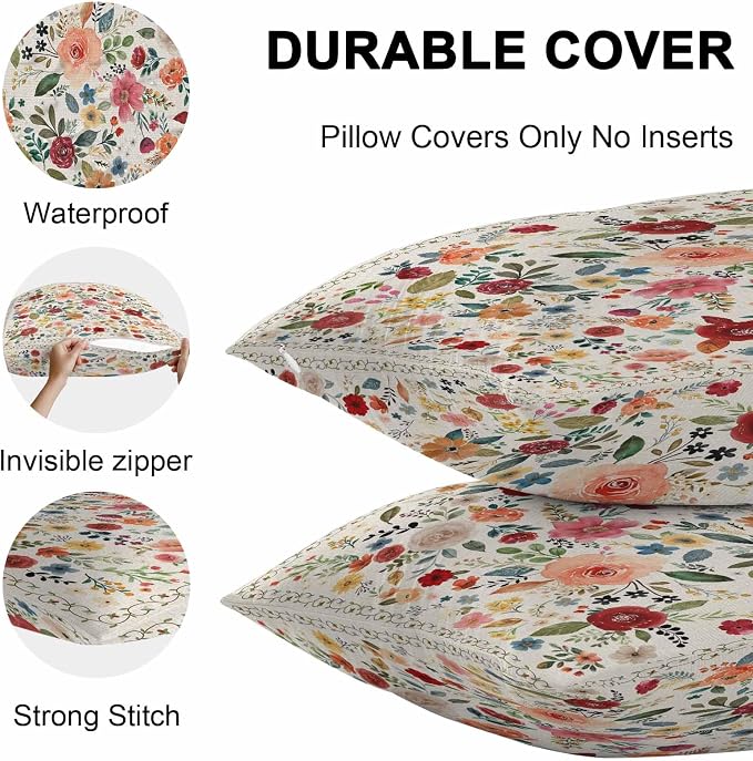 Vandarllin Outdoor Throw Pillows Covers 18x18 inch Set of 2 Waterproof Beige Floral Decorative Zippered Cushion Covers for Patio Furniture, Farmhouse Vintage Flower Lumbar Pillowcases