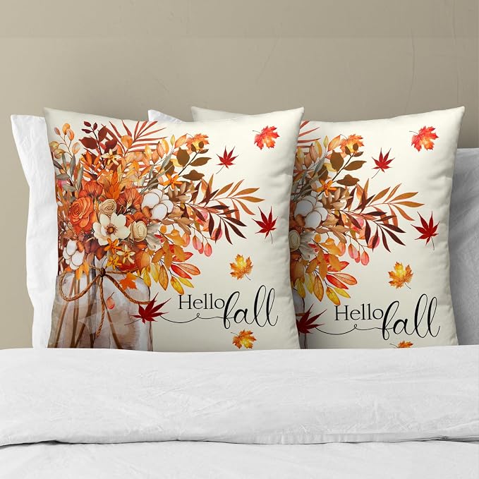 Fall Pillow Covers 16x16 Inch Set of 2 Autumn Thanksgiving Outdoor Throw Pillow Covers,Farmhouse Floral Mason Jar Cushion Case for Sofa Couch Decor