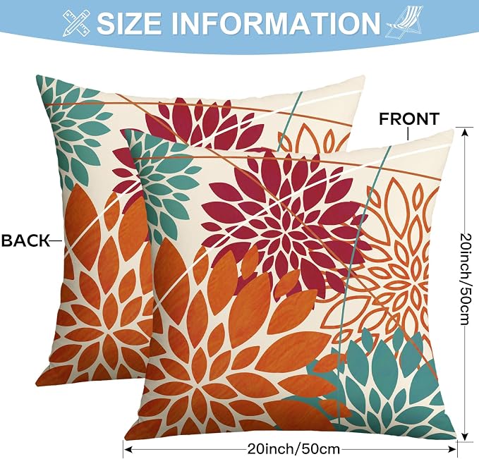 OTOSTAR Outdoor Orange Red Pillow Covers 20x20 Inch Set of 2 Cyan Flower Throw Pillows Farmhouse Geometric Dahlia Floral Square Cushion Case Waterproof Decor for Sofa Patio Funiture Garden
