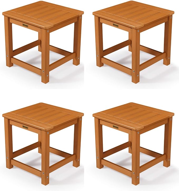 Outdoor Side Table Set of 4, HIPS Plastic Composite Adirondack Patio Table, Weather Resistant End Tables for Outside, Indoor, Patio, Garden, Pool, Porch, Backyard, Lawn, Deck - Teak