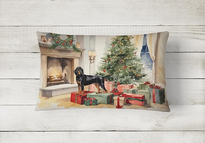 Caroline's Treasures DAC2612PW1216 Black and Tan Coonhound Cozy Christmas Throw Pillow Machine Washable, Indoor Outdoor Decorative Pillow for Couch, Bed or Patio, 12HX16W