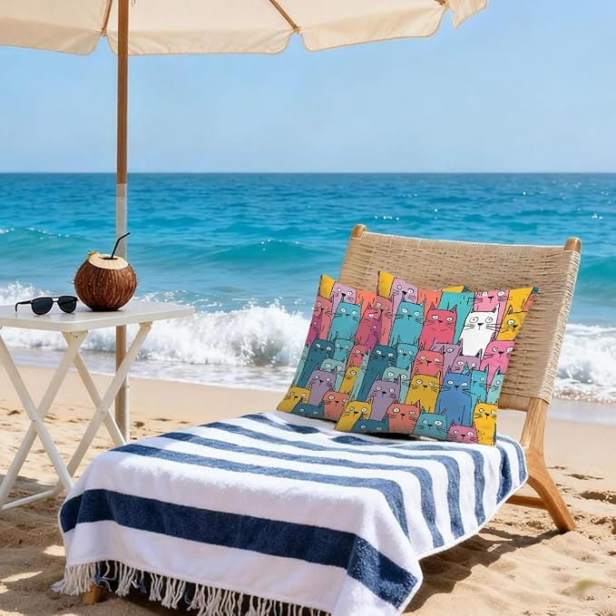 16x16 Inch Outdoor Pillow Covers Set of 2 Waterproof Throw Pillow Covers Decorative Couch Cushion Covers Colorful Cats Pattern Square Pillowcases Protectors for Patio Garden Sofa