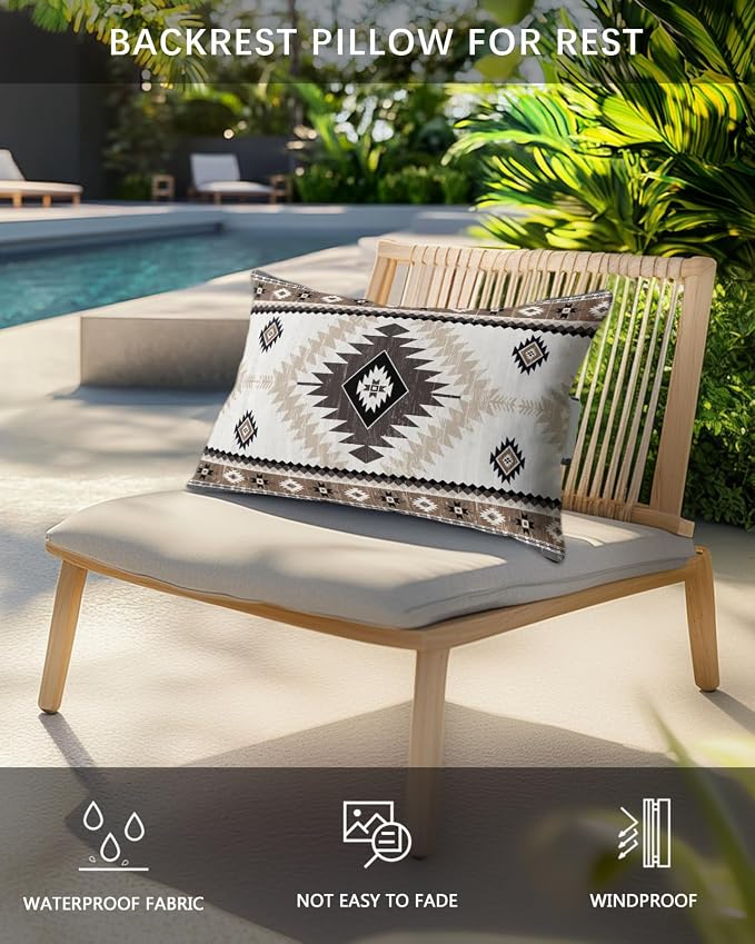 Outdoor Pillows Waterproof Covers Set of 2, Brown Bohemian Adjustable Elastic Chaise Lounge Headrest Pillow Covers, Aztec Boho Tribal Decorative Lumbar Pillow for Pool Patio Furniture 11x16 Inch