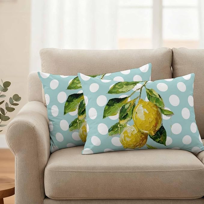 Waterproof Pillow Covers Set of 2,Summer Lemon Leaf Country Fruit Outdoor Pillow Protectors with Zipper Pillowcases for Patio Tent Garden Beach 20x12 Inches Polka Dot Light Blue