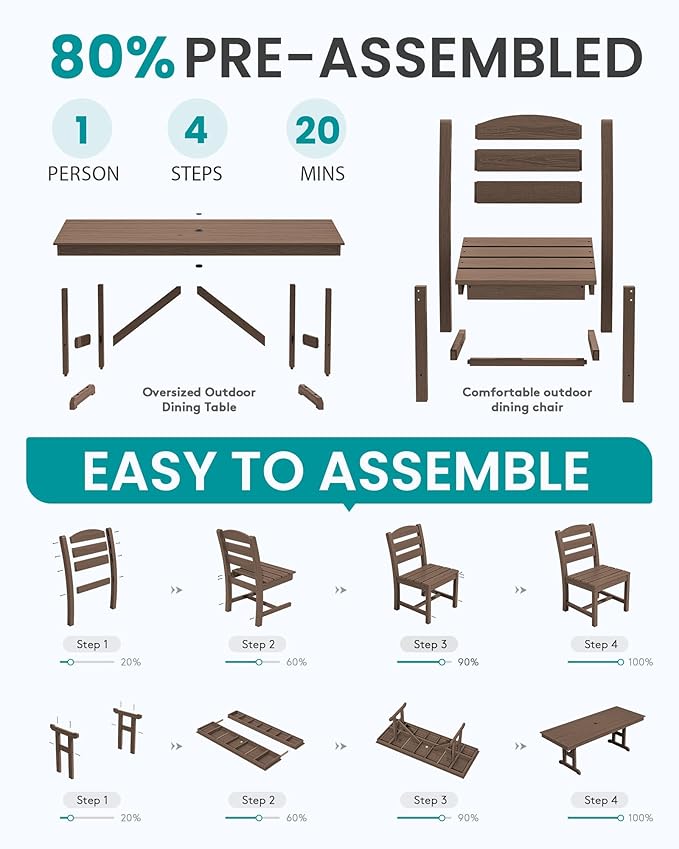 SERWALL 9 Piece Outdoor Dining Set, 84" HDPE Outdoor Table and Armless Chairs Set for 8，All Weather Patio Furniture Set with Umbrella Hole for Backyard, Garden, Brown