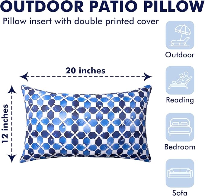 12x20 Waterproof Outdoor Pillows, Set of 2 Outdoor Lumbar Pillows | Patio Furniture Pillows, Decorative Throw Pillows, Waterproof & Fade Resistant, Removable & Washable, Blue White with Plaid