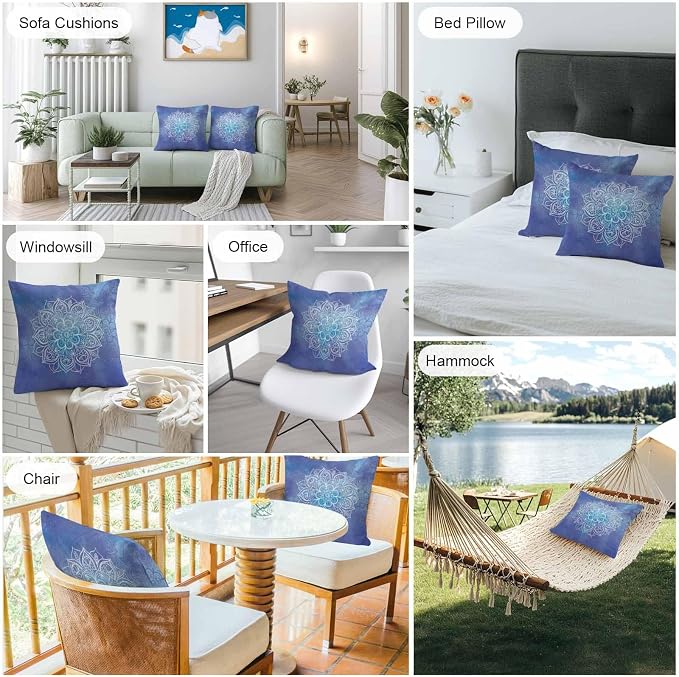 Vandarllin Outdoor Throw Pillows Covers 26x26 inch Set of 2 Waterproof Blue Boho Floral Decorative Zippered Cushion Covers for Patio Furniture, Bohemian Flower Lumbar Pillowcases