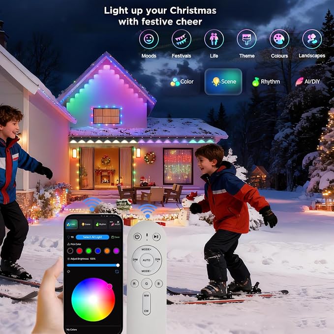 Outdoor Christmas Lights - 50ft Smart RGB+IC Color Eaves Lights with 63 Scene, IP67 Waterproof, Alexa & Google Assistant Voice Control