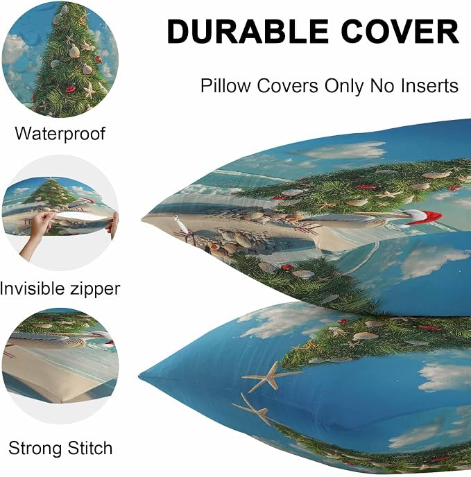 Christmas Outdoor Throw Pillows Covers 18x18 inch Set of 2 Waterproof Christmas Tree Decorative Zippered Cushion Covers for Patio Furniture, Pelican Starfish Shell Beach Wave Lumbar Pillowcases