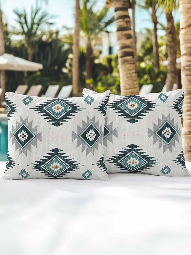 Waterproof Outdoor Pillow Set of 2 Turquoise Boho Aztec Decorative Throw Pillows Cover & Insert 16x16 Inch Pillowcase Southwest Tribal Style Pillows for Couch Sofa Bed Patio Furniture Indoor Outdoor