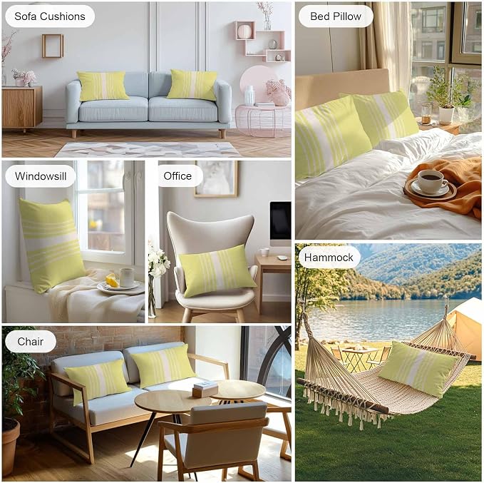 Lumbar Pillow Covers 20x12 Inch Set of 2, Yellow Beige Striped Waterproof Outdoor Cushion Covers, Modern Farmhouse Retro Lines Decorative Pillowcases for Couch, Sofa, Bed, Garden, Patio