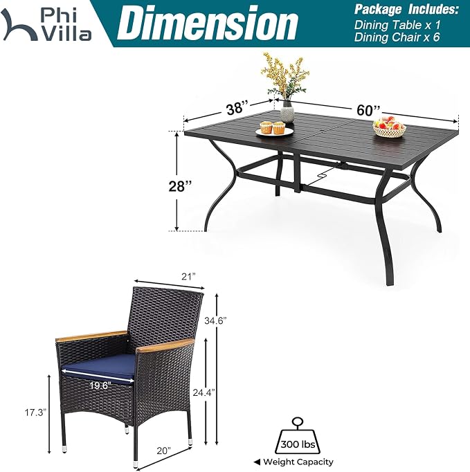 PHI VILLA 7 Piece Patio Dining Set, 60” Rectangular Table, Rattan Chairs | Outdoor Dining Set for 6, Metal Dining Table with Umbrella Hole, Wicker Chairs with Cushions for Patio, Deck, Porch