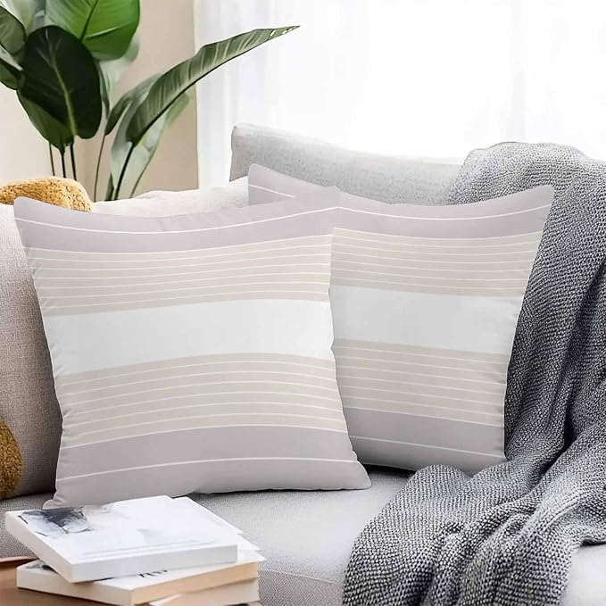 Gray Beige Stripe Outdoor Pillow Covers Waterproof, All Weather Cushion Case Set of 2, Modern Art Horizontal Striped Decorative Pillowcases for Sofa Couch Bed Decor Patio Furniture 16"x16"