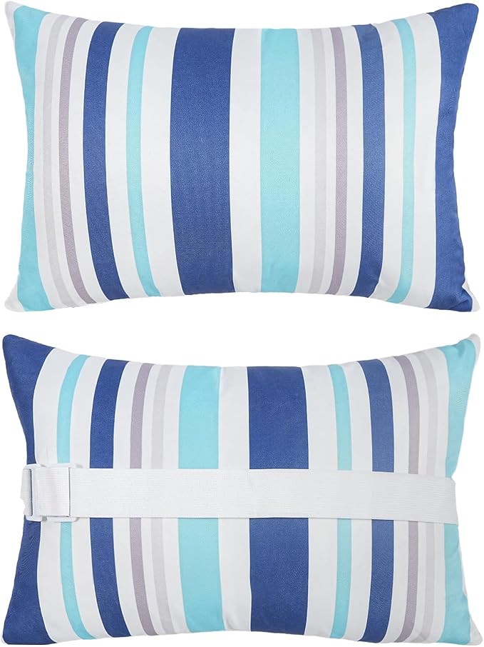 cygnus 2pcs Chaise Lounge Pillow with Strap Outdoor Waterproof Pool Chair Neck Headrest Pillows with Adjustable Elastic Band for Beach Patio Chair Recliner 16 x 11 Inches,Blue Striped