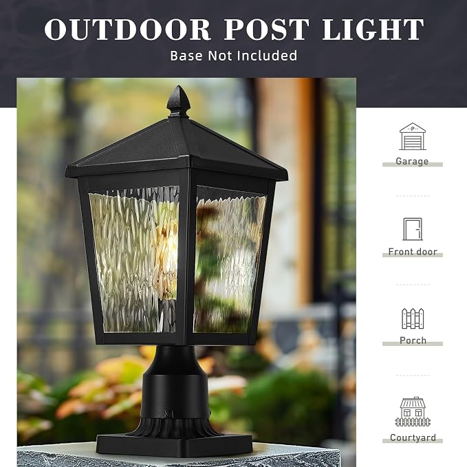 zeyu Large Lamp Post Light Fixture, 16.1 Inch Outdoor Post Lamps for House Garden, Die-Cast Aluminum with Water Ripple Glass, Black Finish, 20076P BK-WP