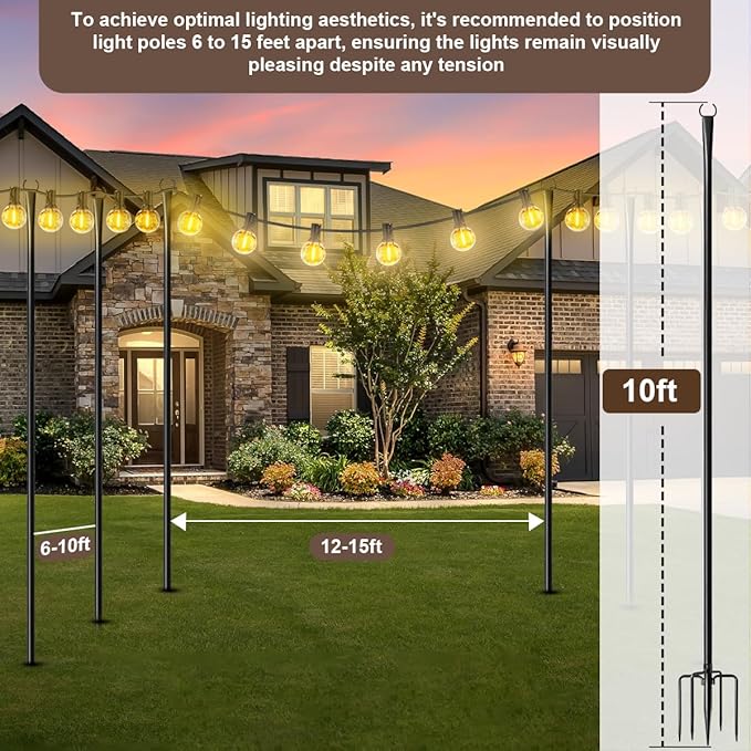 MuliVid 6 Pack 9FT String Light Poles for Outdoor,Metal Lights Hanging Pole Outside with Fork,Light Stand for Patio, Pergola, Garden, Backyard, Yard, Camping Party