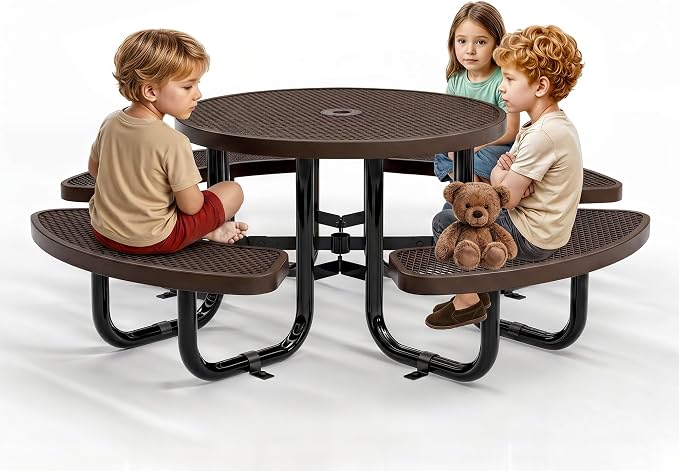 Round Metal Picnic Tables for Kids for Outdoors with Umbrella Hole, Adjustable Seats for School, Park, Playground (Brown, 38 in, Kids, Expanded Steel)