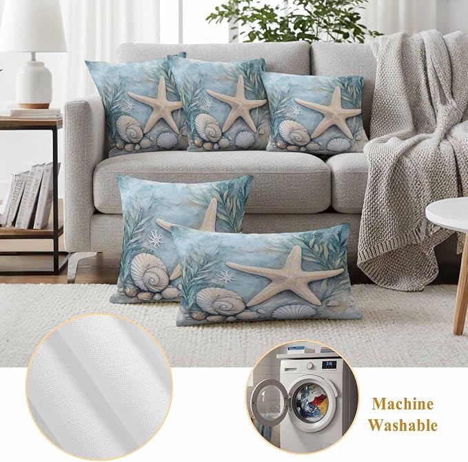 Ocean Coral Outdoor Waterproof Throw Pillow Covers Set of 2, 18"x18", Shell Starfish Plant Leaf Coastal Rustic Decorative Pillow Covers Outside Cushion Case for Patio Porch Garden