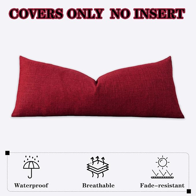 Kevin Textile Outdoor Waterproof 14”x36” Lumbar Pillow Cover 1 Pack, Red | Water Resistant, Soft Faux Linen-cotton Yarn-dyed Woven Texture Throw Pillow Covers for Tent Patio Garden Couch Sofa