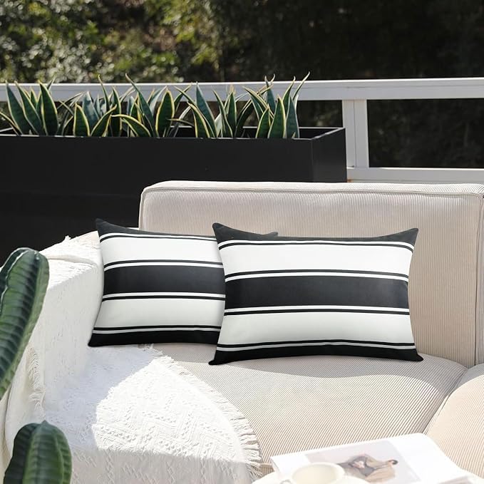 Adabana Outdoor Waterproof Pillow for Chaise Lounge Chair 2 Pack Black and White Stripe Headrest Pillow Lumbar Adjustable Strap for Beach Poolside Patio Office Patio Garden
