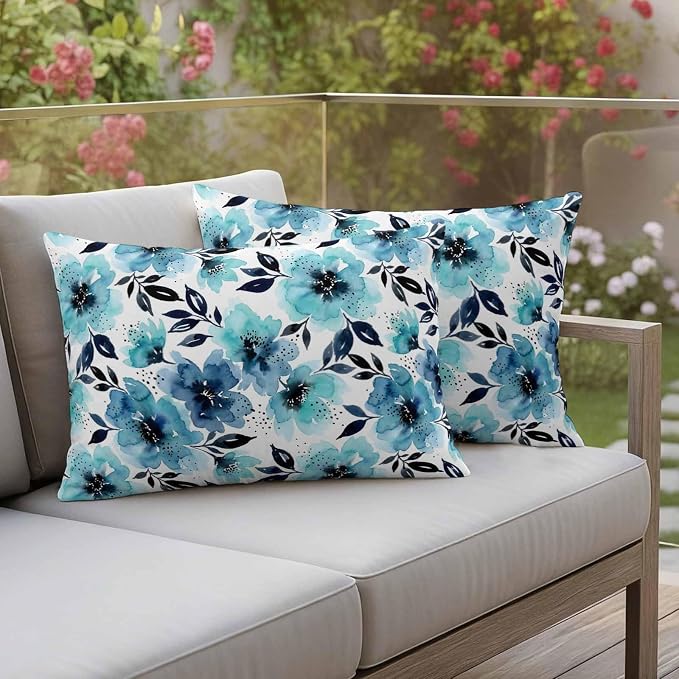 Botanical Floral Leaves Outdoor Waterproof Pillow Covers Pack of 2, Watercolor Painting Blue Gradient Blooms Throw Pillowcases Decorative Cushion Covers for Garden Patio Tent Sofa Couch, 20x12 inch