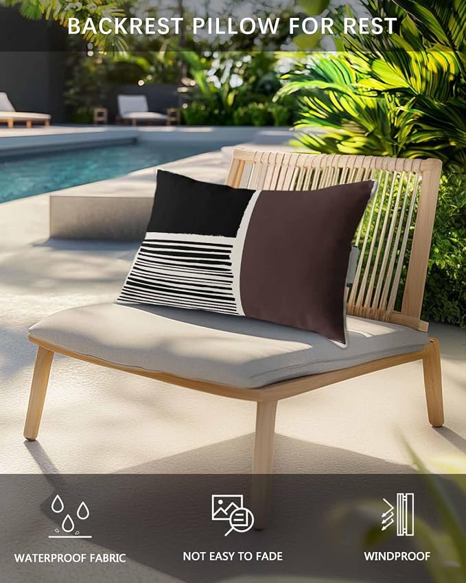 Pack of 2 Outdoor Lumbar Pillow Covers 11x16 Inch, Brown Black Waterproof Throw Pillow Covers Set, Modern Abstract Art Farmhouse Striped Indoor&Outdoor Decorative Cushion Cases for Patio Porch Car
