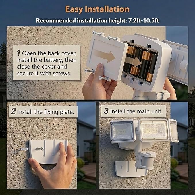 LEPOWER 1500LM Battery Powered Outdoor LED Flood Light with Motion Sensor | IP65 Waterproof, Wireless Battery Operated Security Lights, 3 Head Motion Detector Light for Garage,Yard,Porch,Driveway-White