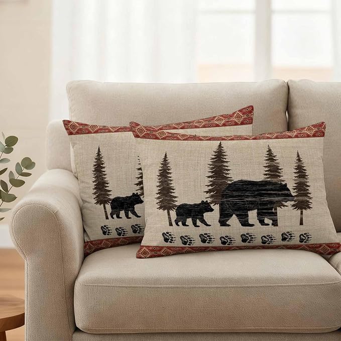 Bear Outdoor Waterproof Throw Pillow Covers 20 x 12 Inches Set of 2 Pine Forest Nature Bear Nature Vintage Boho Decorative Cushion Cover Pillowcase for Garden Patio Tent Beach Livingroom Sofa Couch