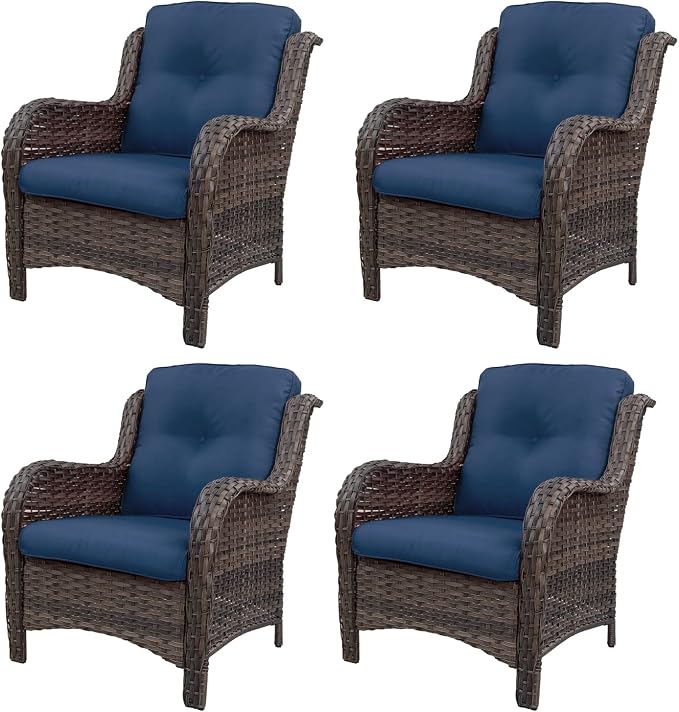 Outdoor Wicker Chair Rattan Patio Dining Chairs Set of 4 PE Wicker Patio Chairs with 3.5 inch Seat Cushions Patio Seating Chair for Garden, Backyard Swimming Pool, Balcony, Blue