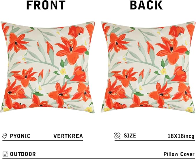 Pyonic Outdoor Pillows Covers Pack of 2 Spring Floral Waterproof Throw Pillow Covers 18X18 inch Outdoor Pillows for Patio Furniture Garden Square Outside Waterproof Pillow
