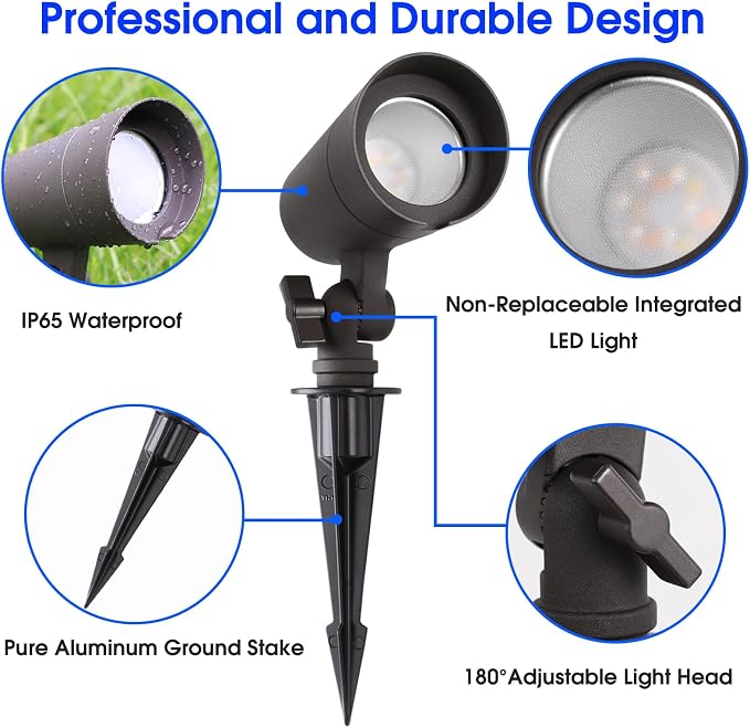 3CCT LED Landscape Lights with Connectors, 12V Low Voltage, 3000K/4000K/5000K Selectable, 3W, 200LM, Outdoor Waterproof Garden Pathway Lights Wall Tree Flag Spotlights with Spike Stand, 8 Pack