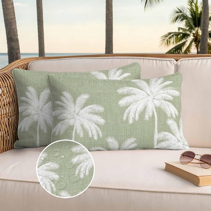 Lumbar Pillow Covers 20x12 Inch Set of 2, Sage Green Palm Trees Waterproof Outdoor Pillow Covers, Farmhouse Tropical Summer Beach Decorative Cushion Pillowcases for Couch, Sofa, Bed, Garden, Patio
