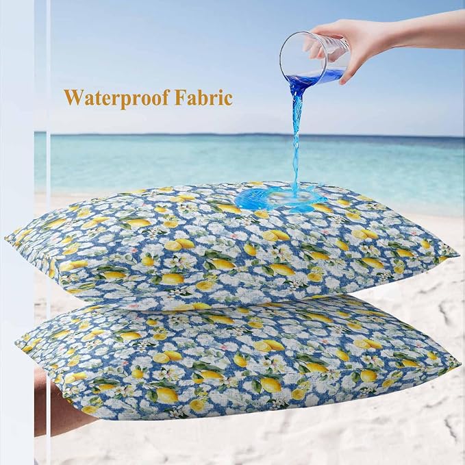 Yukro Summer Lemon Outdoor Waterproof Pillow Covers Pack of 2, Yellow Fruit White Flowers Country Plant Blue Throw Pillowcases Decorative Cushion Covers for Garden Patio Tent Sofa Couch, 20x12 inch