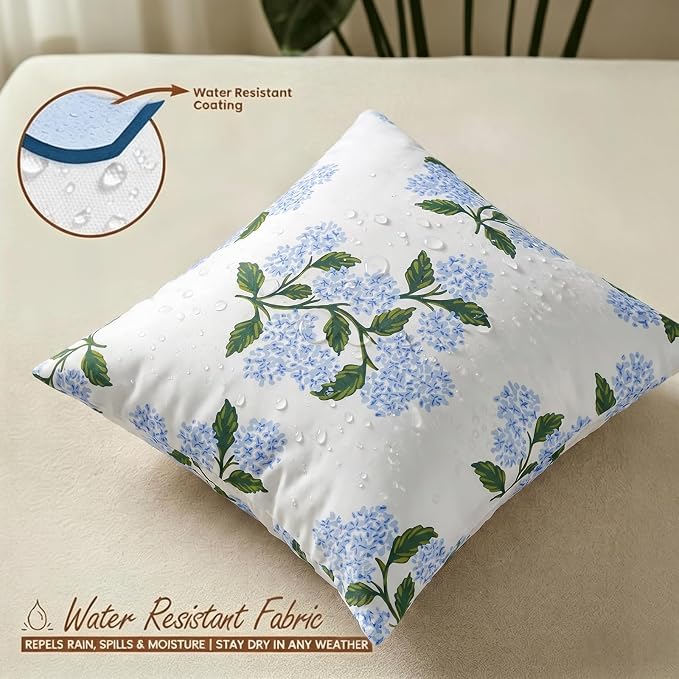 cygnus Waterproof Outdoor Pillow Covers 18x18 Inch Blue Green Hydrangea Floral Spring Summer Outdoor Pillows for Patio Furniture Garden Bench Home Decor