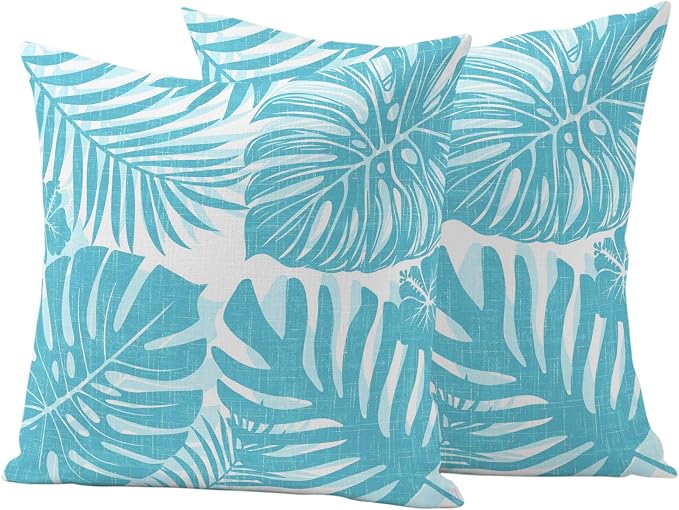 Aqua Blue Palm Leaves Outdoor Pillow Covers 18"x18" Set of 2, Tropical Botanical Minimalist Modern Waterproof Throw Pillow Covers for Patio Furniture, Decorative Cushion Covers for Porch