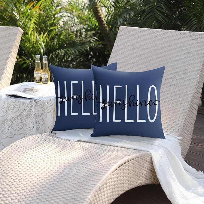DFXSZ Navy Blue Outdoor Waterproof Pillow Covers 18x18 Set of 2 | Hello Sunshine Decor Spring Summer Polyester Pillow Covers(NO INSERTS)| Decor for Patio Funiture Garden Sofa Couch