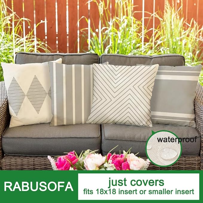 Outdoor Pillows Covers 18x18 Waterproof,Grey and Beige Set of 4(No Insert) | for Covered Patio Furniture Couch Sunbrella,No Insert Just Covers,Fit 18x18 inch Inserts or Smaller,Durable Polyester,Boho