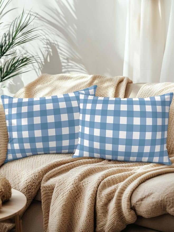 Waterproof Outdoor Pillow Set of 2 Buffalo Plaid Decorative Throw Pillows Cover & Insert 20x12 Inch Lumbar Pillowcase Blue Check Lines Pillows for Couch Sofa Bed Patio Furniture Indoor Outdoor