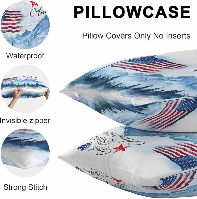 4th of July American Flag Outdoor Pillow Covers 20x20 Inch Throw Pillow Covers Set of 2 Waterproof Decorative Pillow Cases Independence Day Forest Cushion Covers for Patio Furniture Garden Couch Sofa