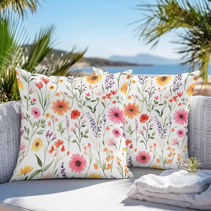 Spring Outdoor Throw Pillow Cover Watercolor Flower Leaves Waterproof Cushion Covers 2 Pack Pillow Cases Home Decoration for Patio Garden Couch Sofa,Garden Floral Art