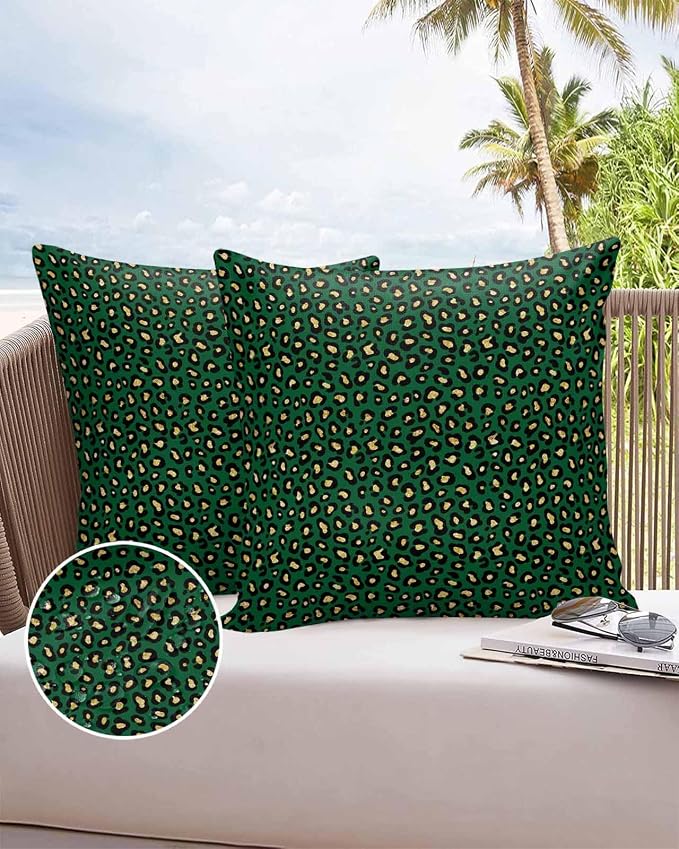 Vandarllin Outdoor Throw Pillows Covers 18x18 inch Set of 2 Waterproof Green Leopard Print Decorative Zippered Cushion Covers for Patio Furniture, Luxury Animal Fur Pattern Lumbar Pillowcases