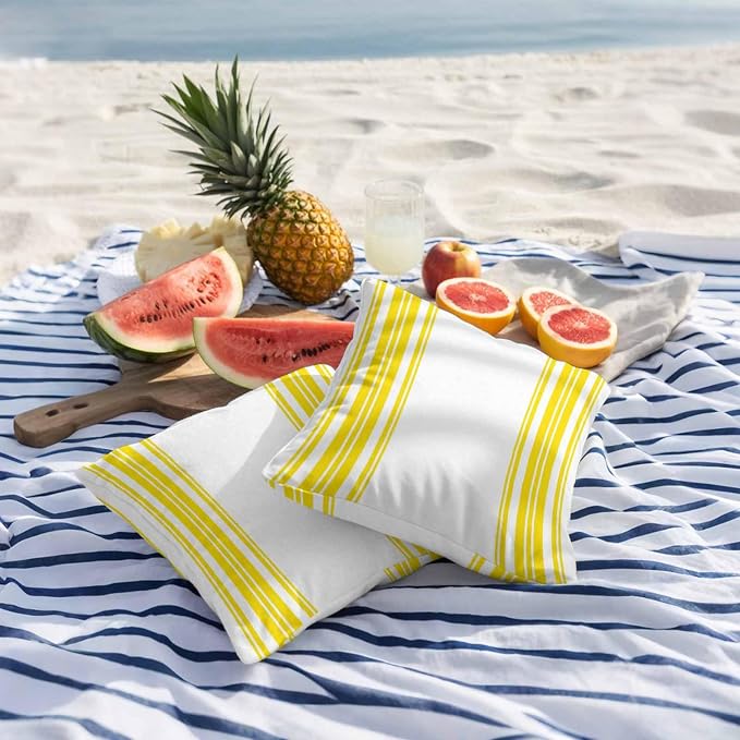 Outdoor Waterproof Throw Pillow Covers Set of 2 Yellow Stripes Pillowcases 18x18 Inches White Vertical Striped Decorative Pillows Cushion Case Patio Pillows for Couch Bed Chair Garden