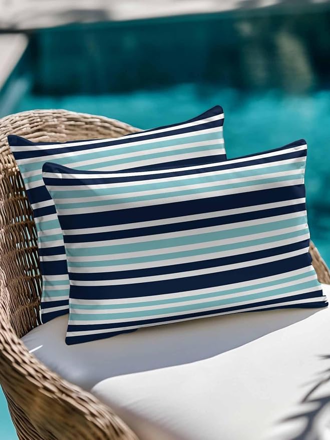 Outdoor Waterproof Throw Pillows Nautical Navy Blue Contrast Stripe Patio Pillows Pack of 2,Decorative Pillow Covers with Insert,Pillow Cushion Case for Garden Couch Sofa Modern Minimalist Line